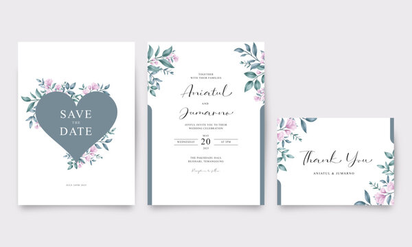 Wedding invitation set template set with purple floral and leaves