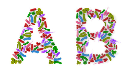Alphabet A B made of Bacteria isolated on white background, bacteria font. 3d alphabet. 3d illustration.