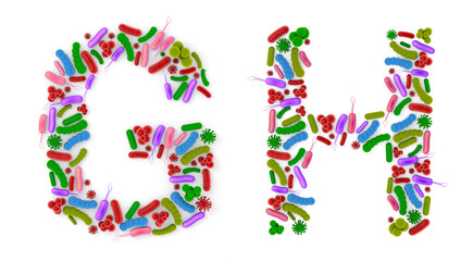 Alphabet G H made of Bacteria isolated on white background, bacteria font. 3d alphabet. 3d illustration.