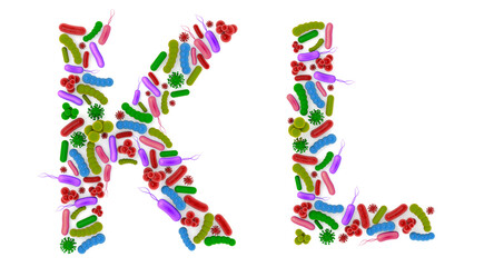 Alphabet K L made of Bacteria isolated on white background, bacteria font. 3d alphabet. 3d illustration.