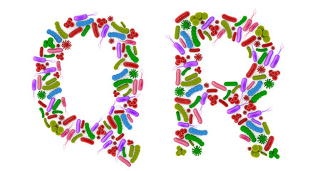 Alphabet Q R made of Bacteria isolated on white background, bacteria font. 3d alphabet. 3d illustration.