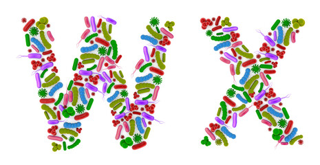 Fototapeta na wymiar Alphabet W X made of Bacteria isolated on white background, bacteria font. 3d alphabet. 3d illustration.
