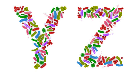 Alphabet Y Z made of Bacteria isolated on white background, bacteria font. 3d alphabet. 3d illustration.