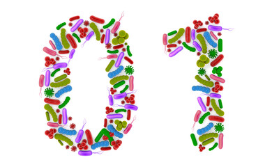 Number 0 1 made of Bacteria isolated on white background, bacteria font. 3d alphabet. 3d illustration.