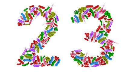 Number 2 3 made of Bacteria isolated on white background, bacteria font. 3d alphabet. 3d illustration.