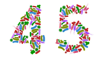 Number 4 5 A B made of Bacteria isolated on white background, bacteria font. 3d alphabet. 3d illustration.