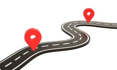 Winding road infographics and map location pin rendering design isolated background