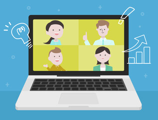 オンラインで会議をする人達のベクターイラスト