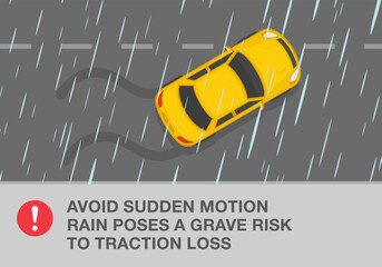 Safe car driving tips and rules. Driving on a rainy and slippery road. Avoid sudden motion, rain poses a grave risk to traction loss. Top view. Flat vector illustration template.