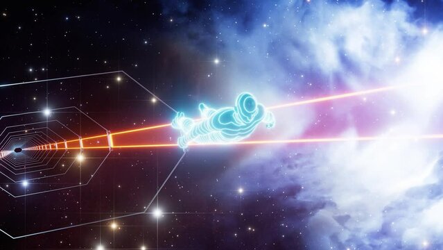 neon man flying in space neon arcade retro futuristic looping animation