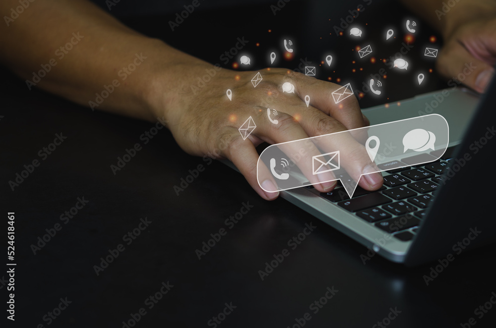 Aufkleber businessman using keyboard computer laptop icon digital technology communication network internet on