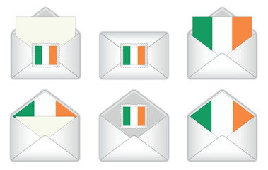 Ireland flag in the envelope. Irish stamp flag. Opened, closed Irish letter, isolated on white background.