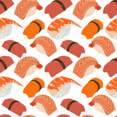 Sushi pattern. Sea food. White background.