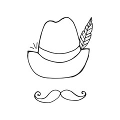 Oktoberfest 2022 - Beer Festival. Hand-drawn Doodle outline hat with a feather and moustache on a white background. German Traditional holiday.