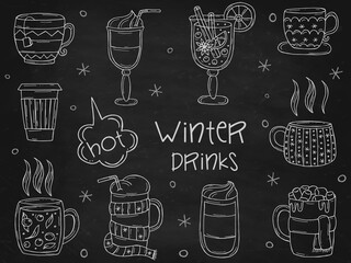 Set of a warming winter drinks on a black chalk board. Vector illustration in doodle style. Winter mood. Hello 2023. Merry Christmas and Happy New Year.