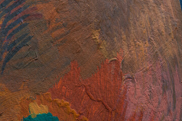 Abstract background closeup of a painting with brushstrokes. Rough art paint smear. Large multicolor spots of brush strokes and palette knife on the canvas