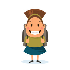 Cartoon happy schoolgirl. Girl with backpack