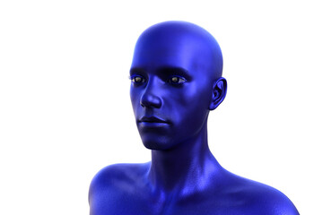 3D render. Portrait of a blue bald man on a white background. 