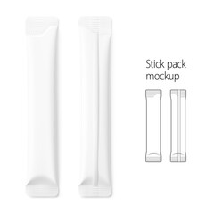 Blank stick pack mockup. Front and back view. Vector illustration isolated on white background. Can be use for food, medicine, cosmetic and etc. EPS10.	