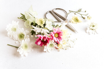 Obraz na płótnie Canvas Making beautiful bouquet at flower shop. Bouquet of different flowers