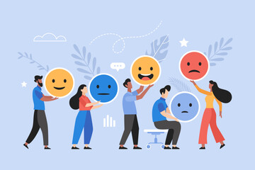 Customer feedback, user experience or client review rating business concept. Modern vector illustration of people holding emoji and smiley icons - obrazy, fototapety, plakaty