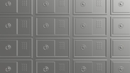 Wall of safes. Lots of abstract steel safes. 3d illustration