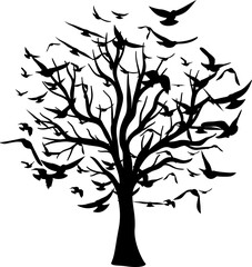 Tree with flying around birds. Vector isolated decoration element from scattered silhouettes. Conceptual illustration of growth and life .