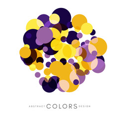 Carnival abstract vector emblem with colorful confetti texture, Purple and yellow colors.