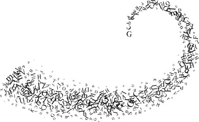 Curve line from flying letters. Vector decoration from scattered elements. Monochrome isolated silhouette. Conceptual illustration. © KsanaGraphica