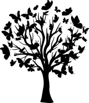 Tree with flying around butterflies. Vector isolated decoration element from scattered silhouettes. Conceptual illustration of growth and life .