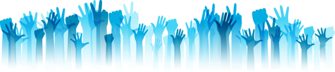 Hands up silhouettes, horizontal border. Decoration element from blue raised hands. Conceptual illustration for festivals, concerts, social and tolerance public communities, education or volunteering.