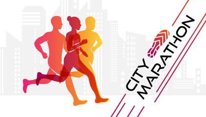 Colorful silhouettes of running people. Conceptual vector illustration of marathon. Sport background with mans and womans in active lifestyle.