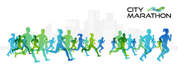 Colorful silhouettes of running people. Conceptual vector illustration of marathon. Sport background with mans and womans in active lifestyle.