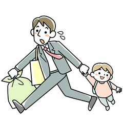 出勤時に急いでゴミを出してから子どもを保育所に送る若い父親