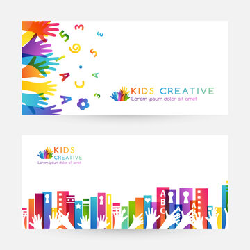 Colorful books with children hands up and  fun  letters confetti. Horizontal banners. Kids creative conceptual vector illustration.