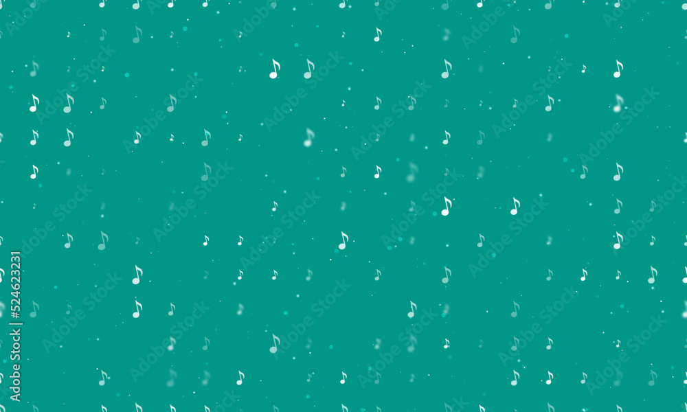 Poster seamless background pattern of evenly spaced white musical note symbols of different sizes and opaci