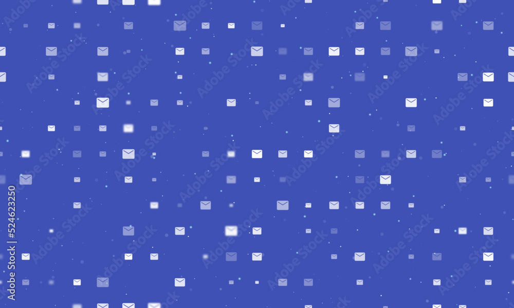 Poster seamless background pattern of evenly spaced white email symbols of different sizes and opacity. vec