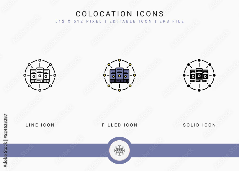 Fototapete colocation icons set vector illustration with solid icon line style. data system server concept. edi