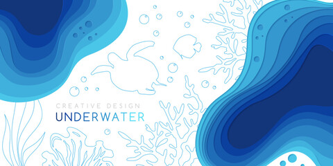 Underwater banner. Vector background with reef landscape. Corals, fish, polyps, shellfish and seaweeds and other sea wildlife. © KsanaGraphica