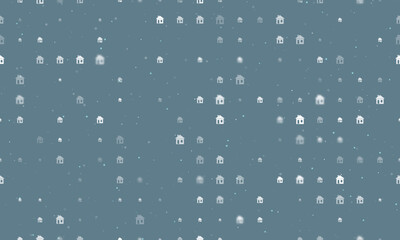 Seamless background pattern of evenly spaced white house symbols of different sizes and opacity. Vector illustration on blue grey background with stars
