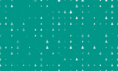 Seamless background pattern of evenly spaced white yoga symbols of different sizes and opacity. Vector illustration on teal background with stars