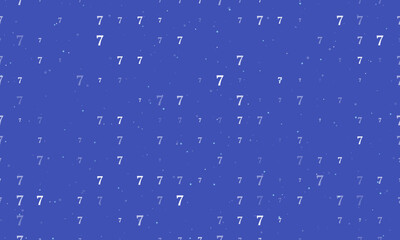 Seamless background pattern of evenly spaced white number seven symbols of different sizes and opacity. Vector illustration on indigo background with stars