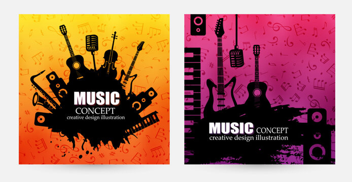 Creative colorful music poster. Vector banners  with musical  instrument silhouettes and vibrant color textured background.
