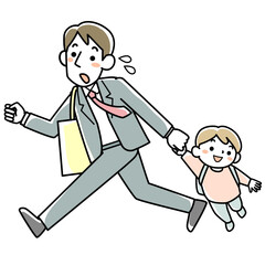 出勤時に急いで子どもを保育所に送る若い父親
