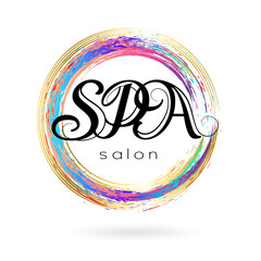 Spa and beauty salon emblem. Ink zen circle with golden, pink and blue colors. Hand drawn abstract decoration element.