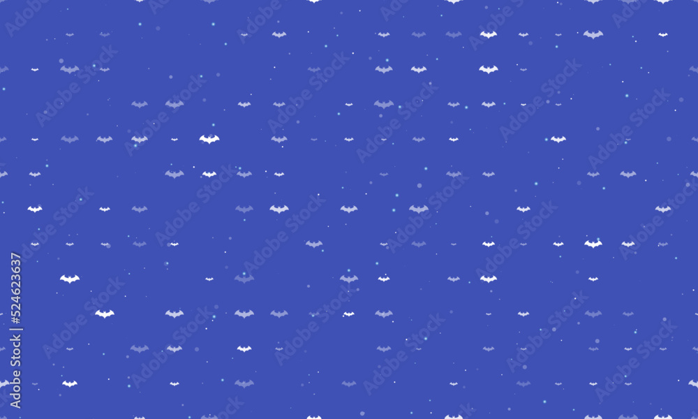 Poster seamless background pattern of evenly spaced white bat symbols of different sizes and opacity. vecto