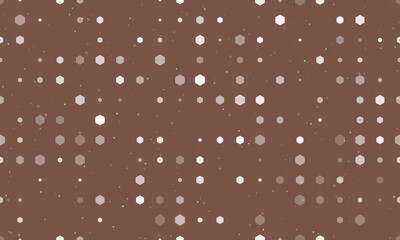 Seamless background pattern of evenly spaced white hexagon symbols of different sizes and opacity. Vector illustration on brown background with stars