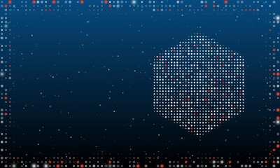 On the right is the hexagon symbol filled with white dots. Pointillism style. Abstract futuristic frame of dots and circles. Some dots is red. Vector illustration on blue background with stars