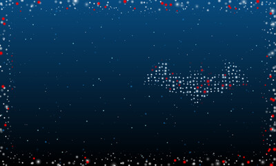 On the right is the bat symbol filled with white dots. Pointillism style. Abstract futuristic frame of dots and circles. Some dots is red. Vector illustration on blue background with stars