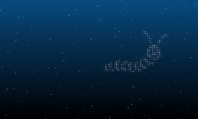 On the right is the caterpillar symbol filled with white dots. Background pattern from dots and circles of different shades. Vector illustration on blue background with stars